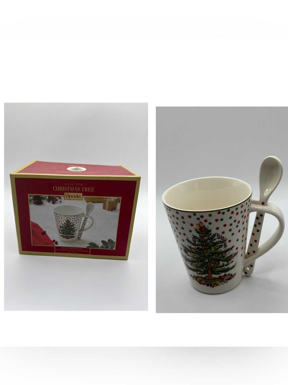 Spode Christmas Tree Polka Dot Fine China Mug & Spoon Set In Box 14 Oz.